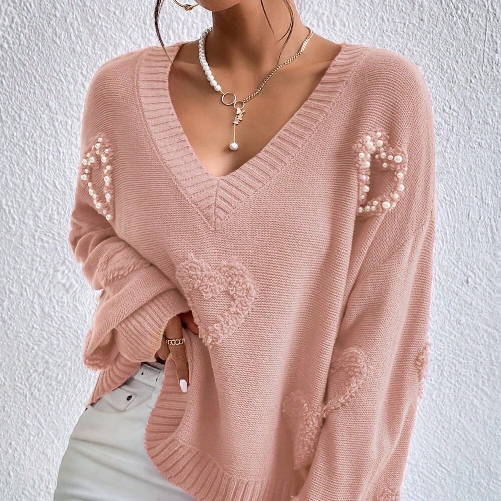 Coral Pink Casual Women's Heart Pattern Drop Shoulder Pearls Beaded Sweater - Picture 4 of 6